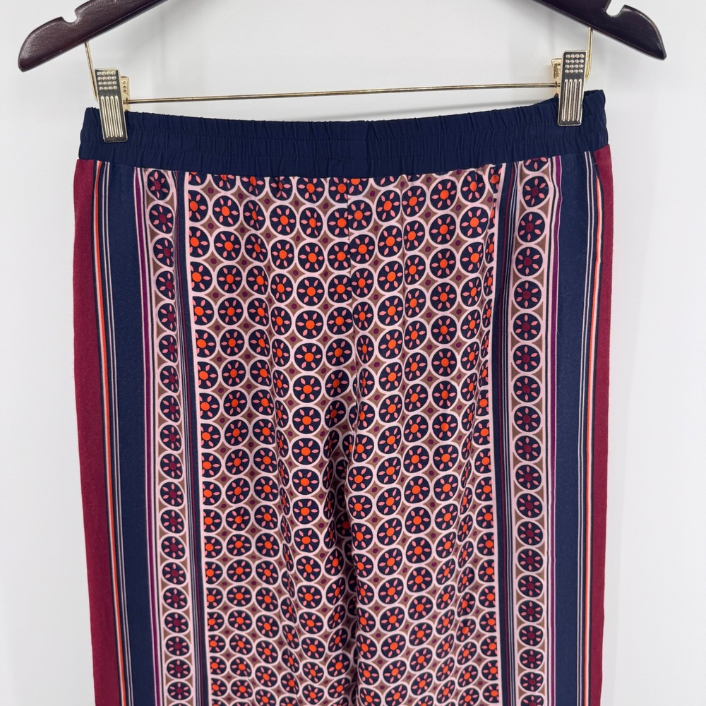 Trina Turk Womens Small Medallion Print Wide Leg Silk Trim Pants Navy Burgundy - Picture 9 of 10